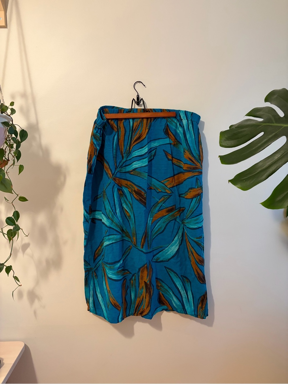 100% Silk Teal Tropical Leaf Midi Skirt